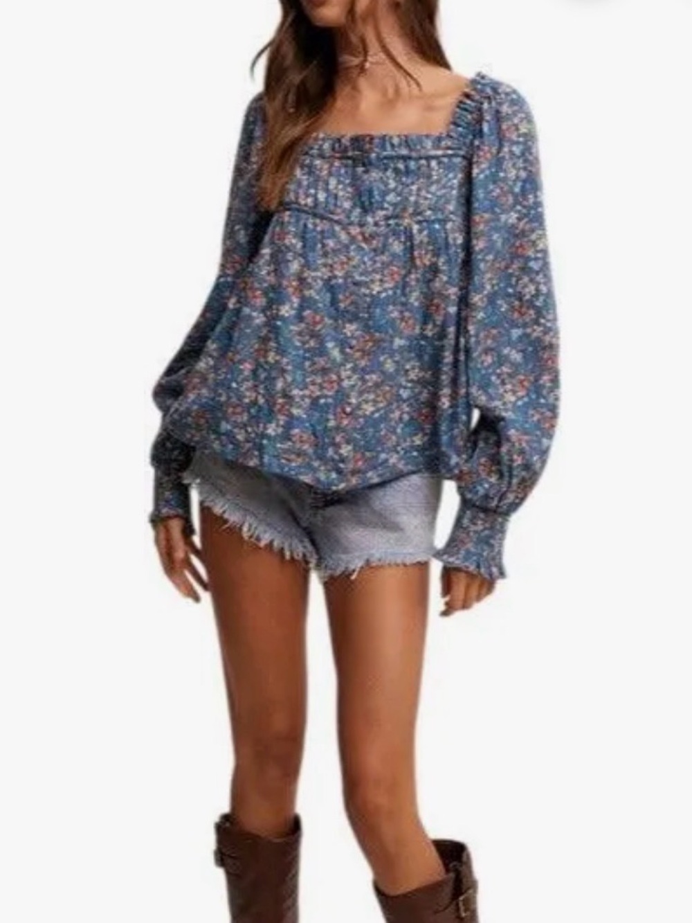 Listicle Cotton Gauze Floral Square-Neck Peasant Hippie Boho Blouse NEW Sz Large